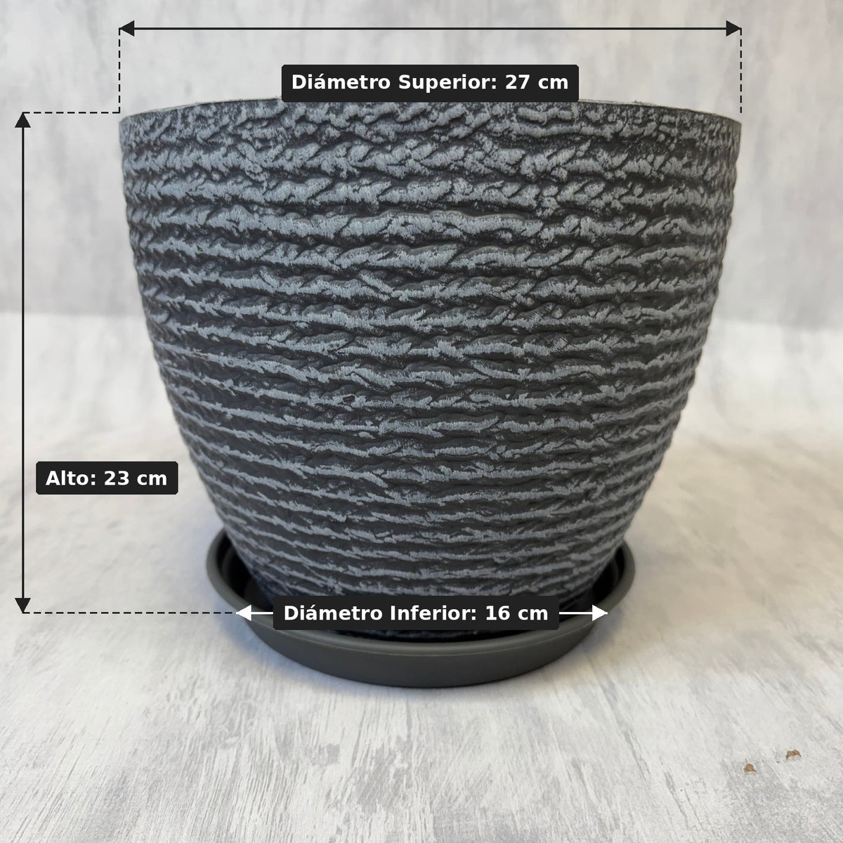 Macetero de Resina Moteada Gris M 27cm con medidas - Magno Botanics