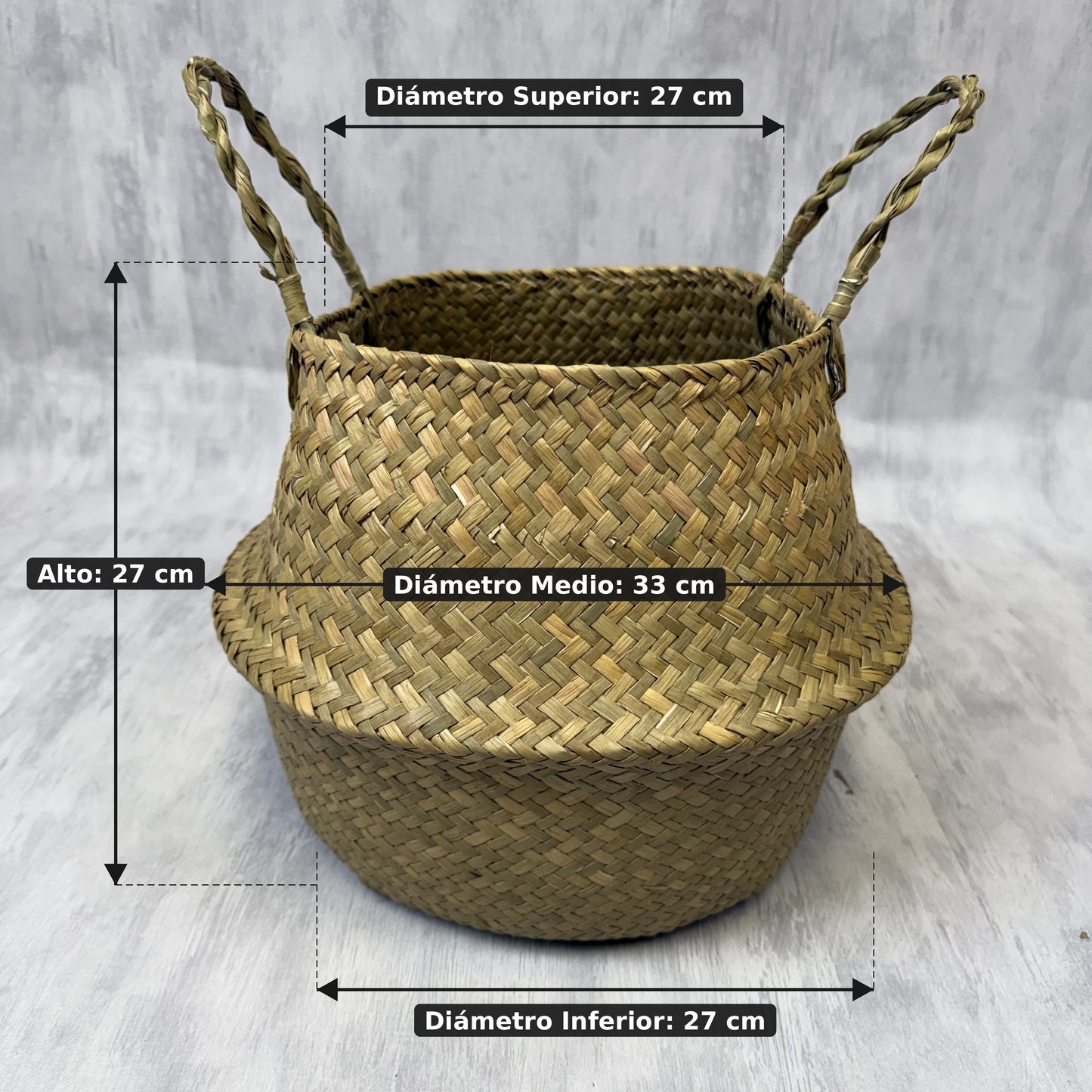 Macetero de yute tejido a mano L 27 cm con medidas - Magno Botanics