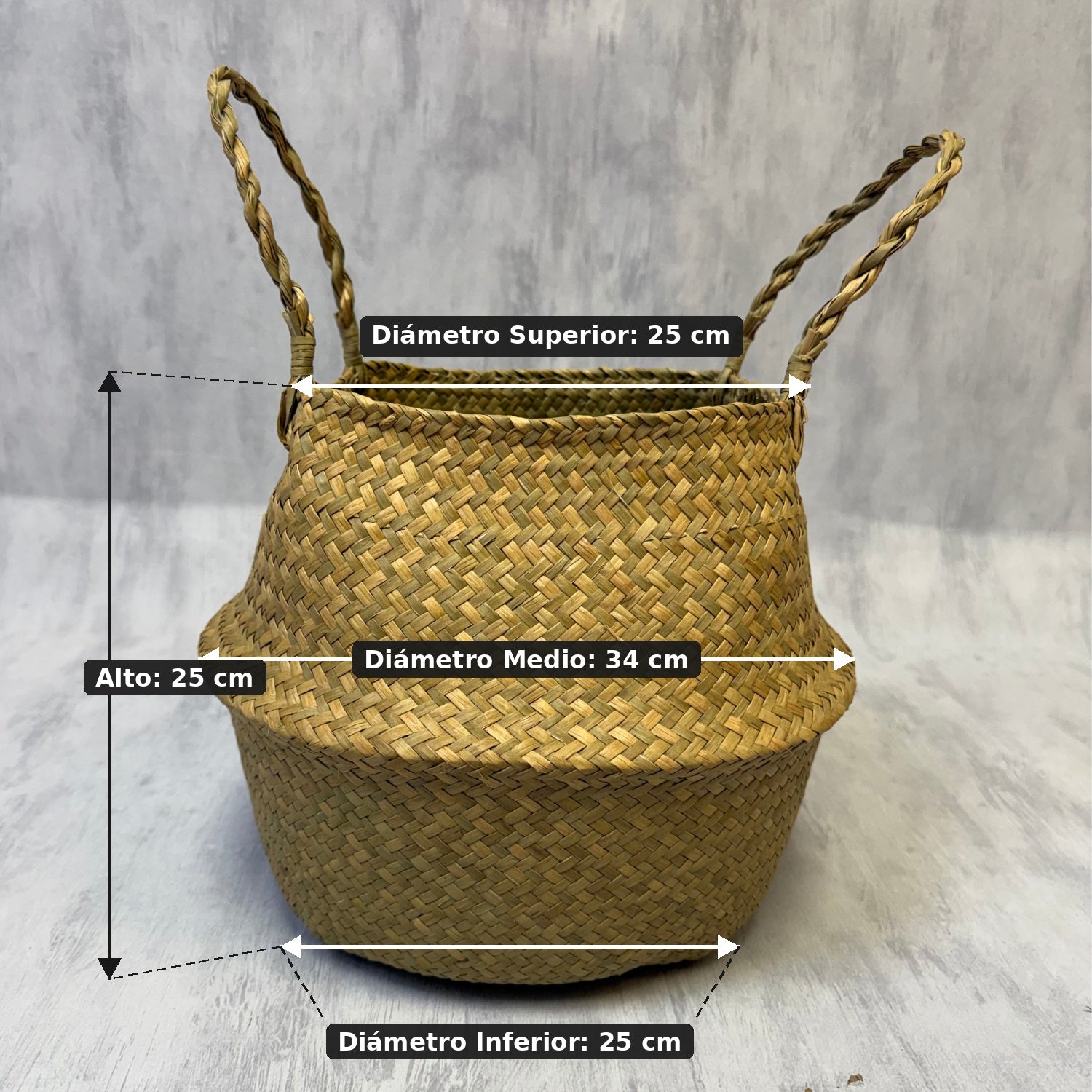 Macetero de yute tejido a mano M 25 cm con medidas - Magno Botanics