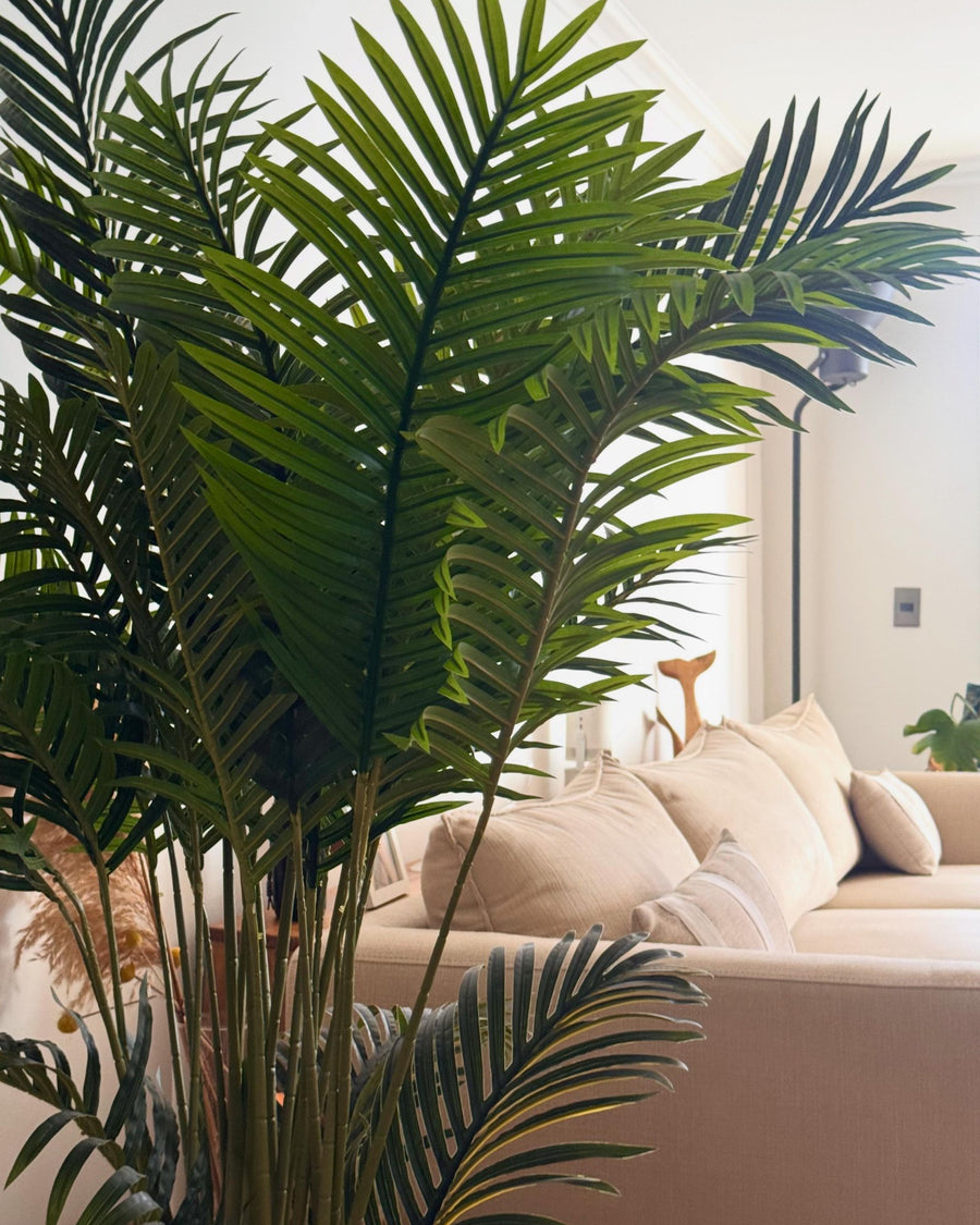 Palmera artificial junto a sofá - Magno Botanics