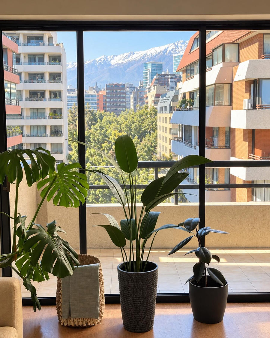 Plantas artificiales frente a ventana con vista a la cordillera - Magno Botanics