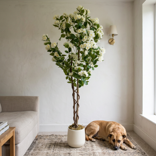 Osmanthus en un living con perro, alfombra tejida y aplique de pared